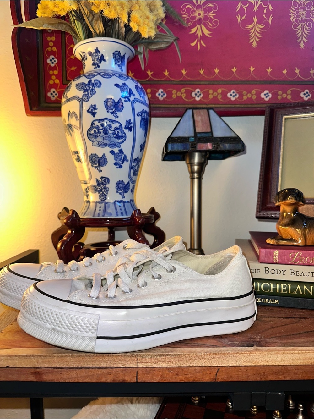 Converse White Low-Top Platform Canvas Sneakers with Black Stripe